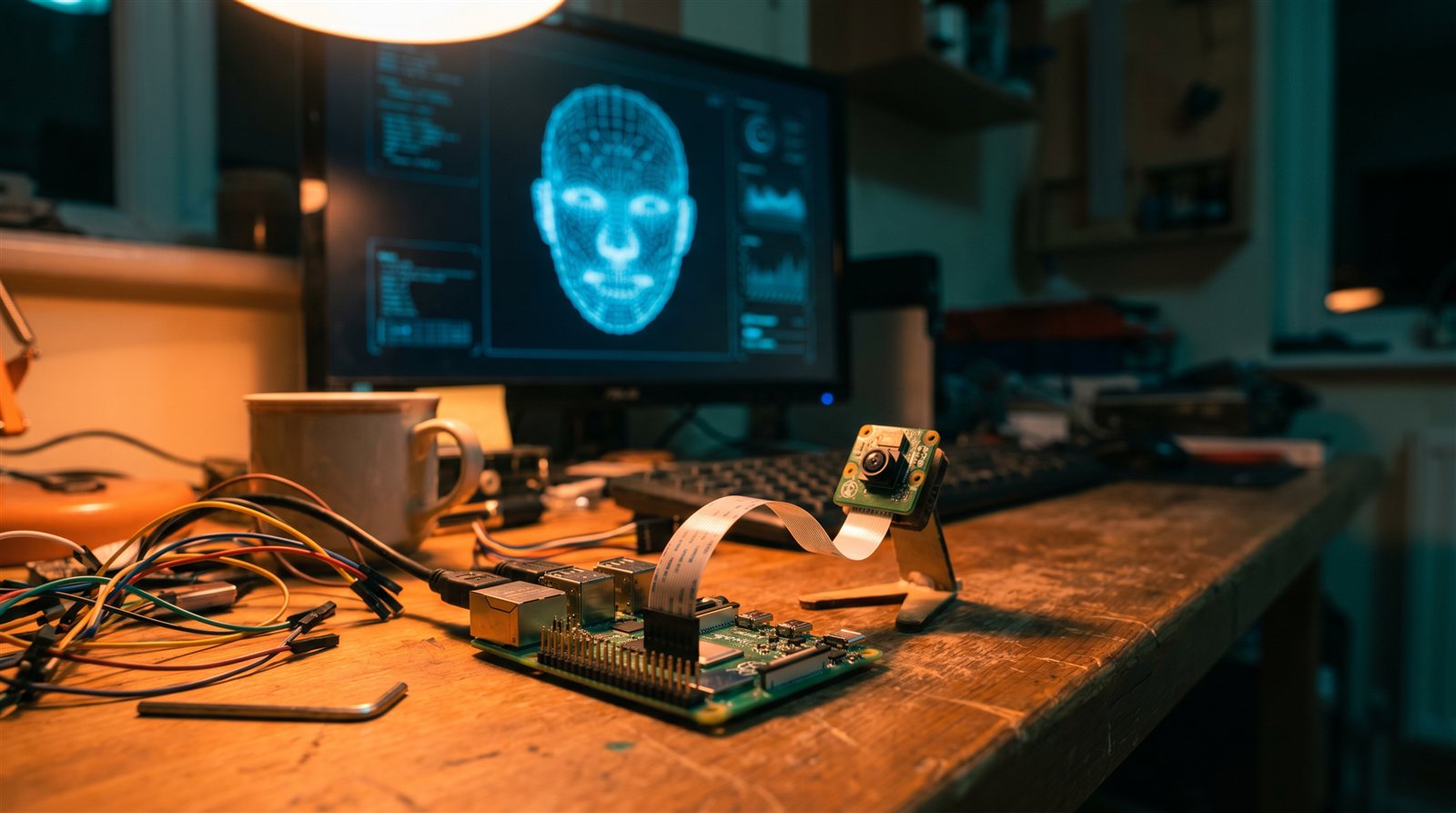 A Raspberry Pi wired to an AI camera module on a dim night workbench, a glowing blue face-recognition mesh on the monitor behind it.